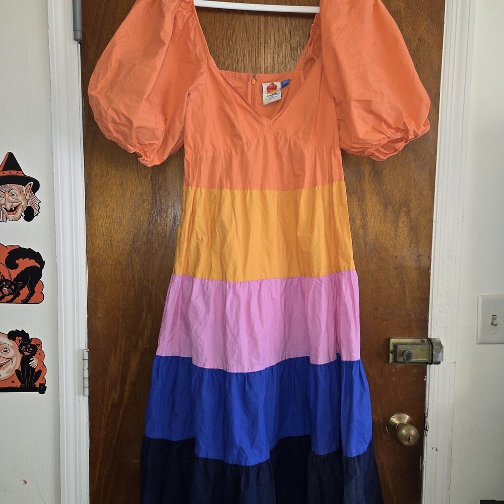 Anthropologie Farm Rio Colorblock Maxi Dress Balloon Sleeve Tiered, PETITE M